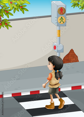 A girl with a brown shoes crossing the street