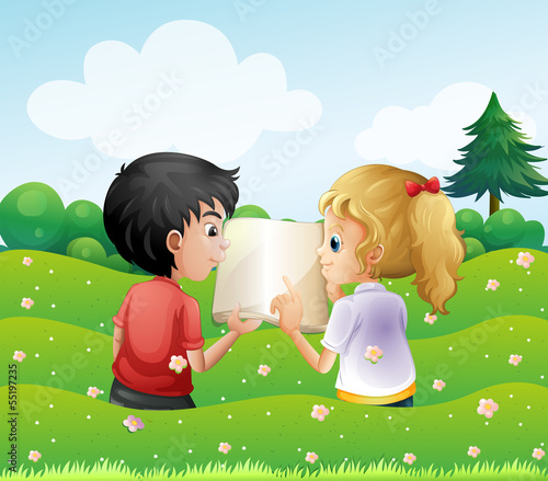 Two teenagers in the hill with an empty book