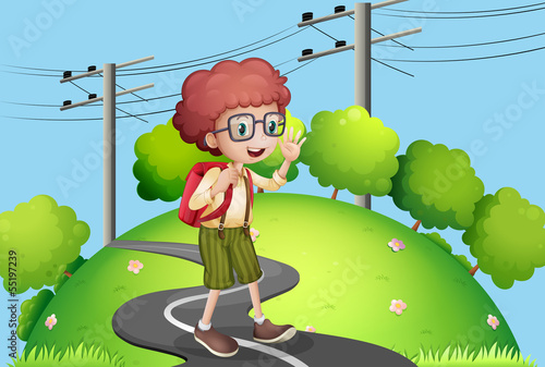 A young boy walking at the street with electric posts nearby