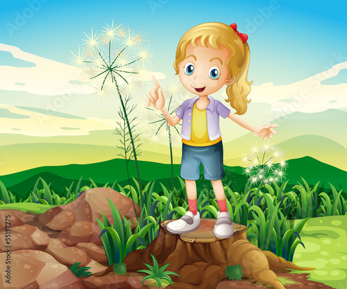 A stump with a young girl standing