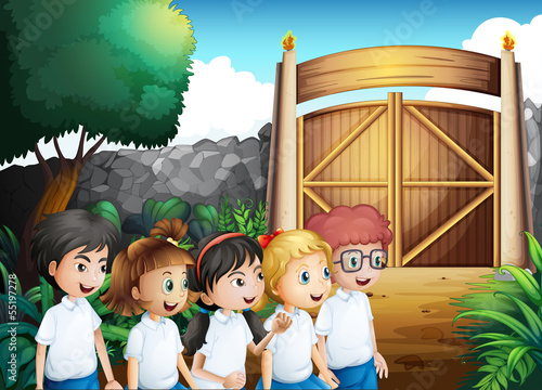 Five students with complete uniforms