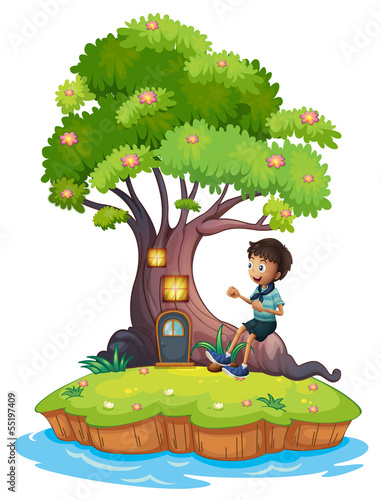 A boy sitting above the roots of a tree amazed by the treehouse