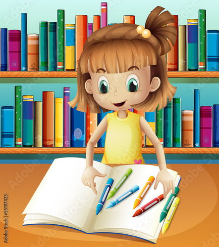A girl with her empty notebook and crayons standing in front of