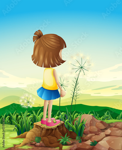 A child standing above the stump while sightseeing