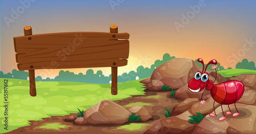 An ant at the rocky road with an empty signage