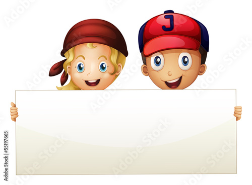 Two kids at the back of an empty signboard
