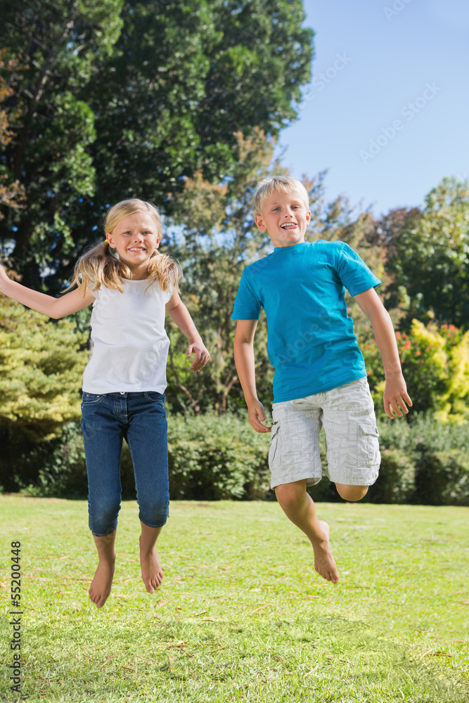 Fototapeta premium Brother and sister jumping together