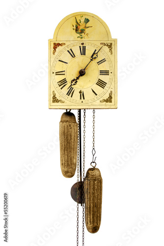 Antique wall clock isolated, with iron pendular