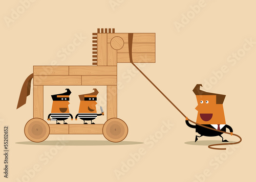 businessman with wooden horse and thieves, business idea photo