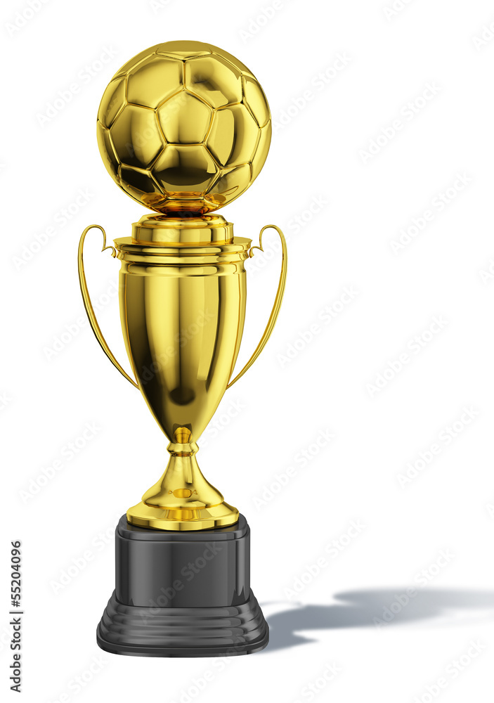 Trophy cup, with a soccer ball at the top. All in gold, with bla Trophy cup, with a soccer ball at the top. All in gold, with bla