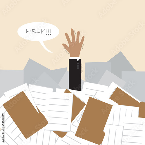 Businessman under a lot of document and call for help