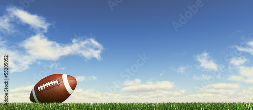 American football ball, on the grass, with fluffy couds sky in t