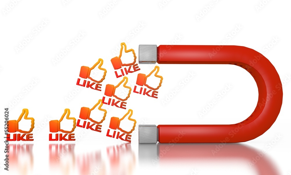 3d render of a happy like icon attracted by an magnet 3d render of a happy like icon attracted by an magnet