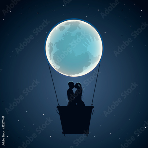 Lovers by hot air balloon moon form, vector Eps10 illustration.