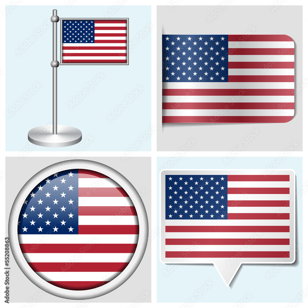 USA flag - set of various sticker, button, label and flagstaff USA flag - set of various sticker, button, label and flagstaff