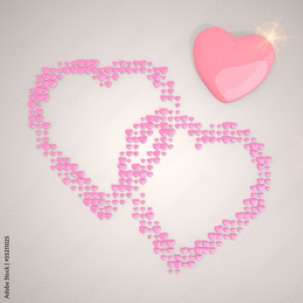 3d render of a playful two hearts symbol made of many hearts