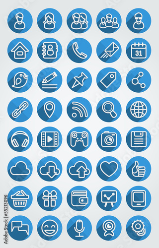 Flat Icons Social Network Round Blue Set
