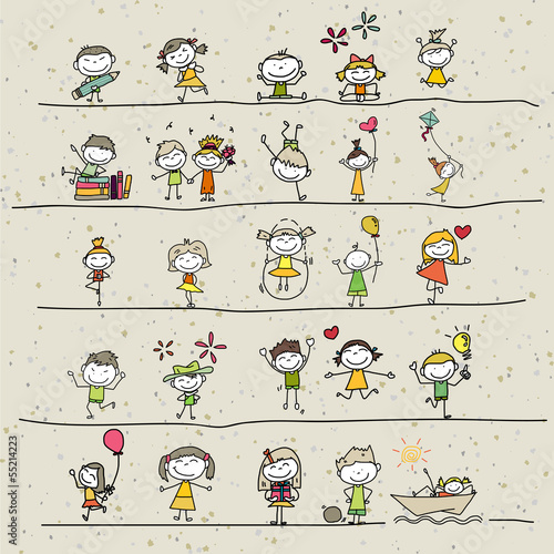 hand drawing cartoon happy kids