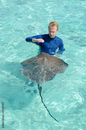 Tourist playing with stingray in a lagoon photo