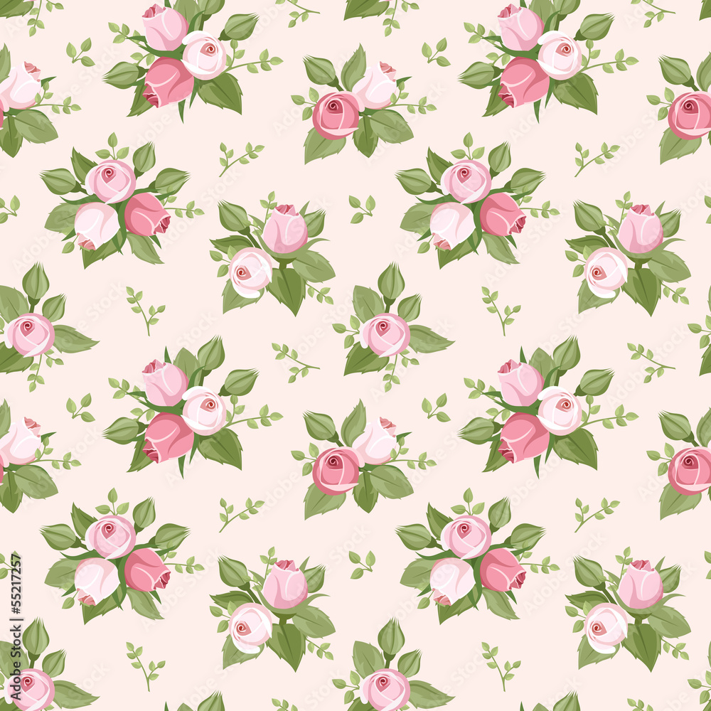 Vector seamless pattern with pink rose buds and leaves.