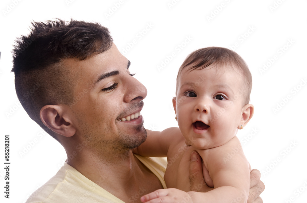 Modern father and little baby isolated on white Modern father and little baby isolated on white