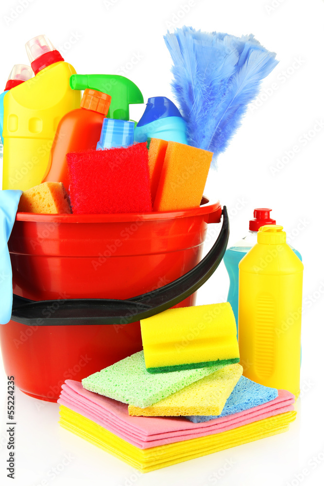 Cleaning items in bucket isolated on white Cleaning items in bucket isolated on white