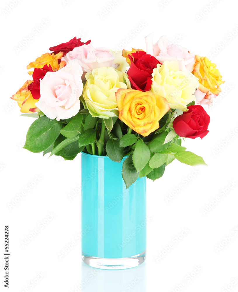 Beautiful bouquet of roses in vase isolated on white Beautiful bouquet of roses in vase isolated on white
