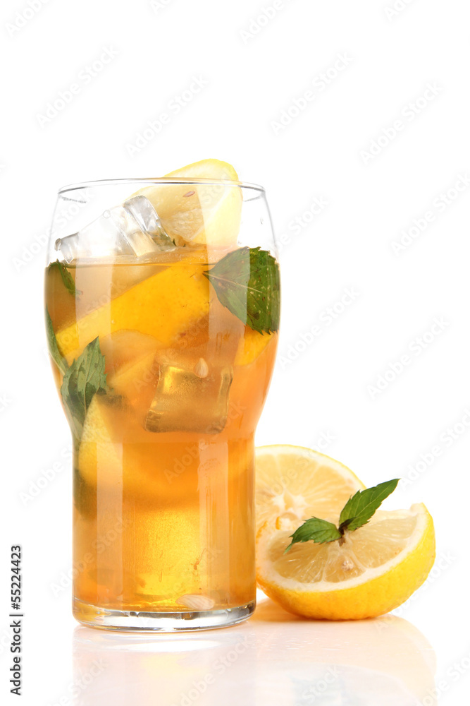 Iced tea with lemon and mint isolated on white Iced tea with lemon and mint isolated on white