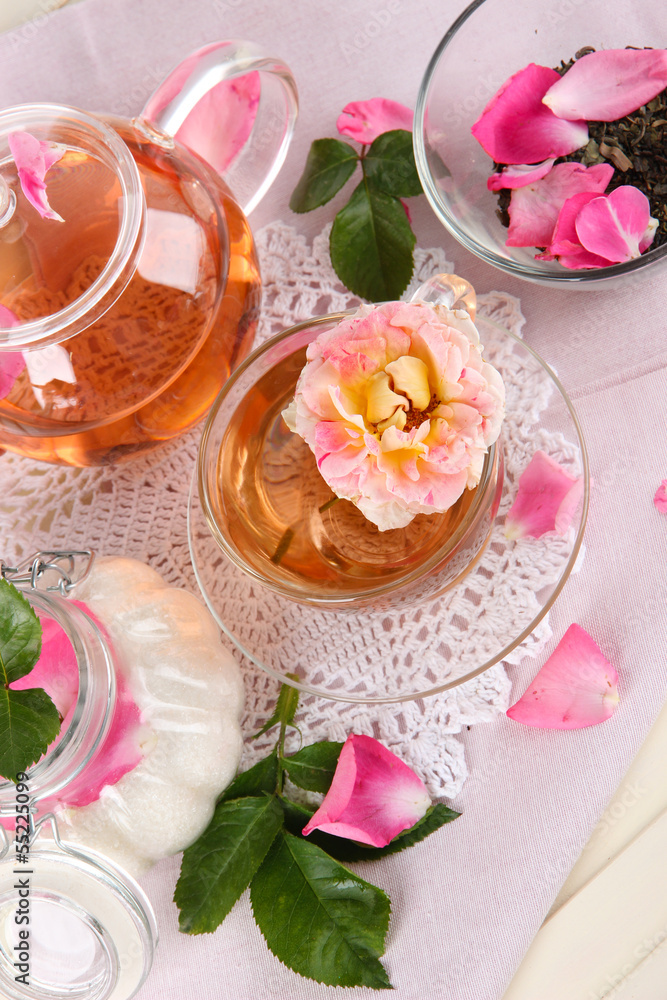 Kettle and cup of tea from tea rose Kettle and cup of tea from tea rose