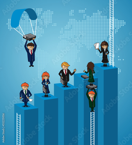 Business world map teamwork steps people.