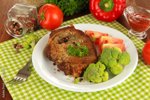 Piece of fried meat on plate close-up