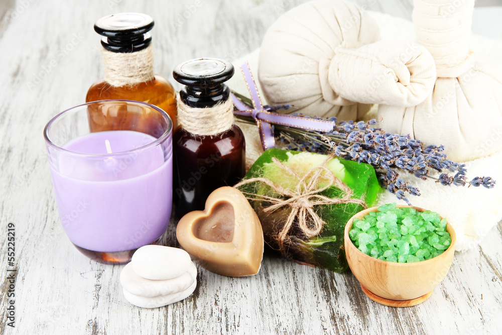 Still life with lavender candle, soap, massage balls, bottles, Still life with lavender candle, soap, massage balls, bottles,