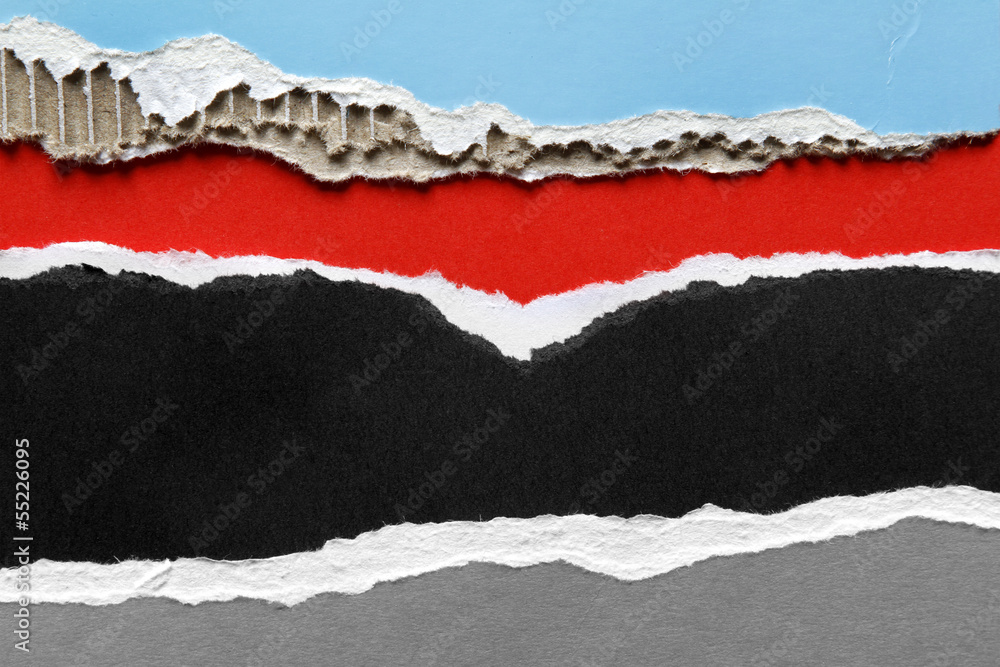 Blue, red, black and gray ripped papers background Blue, red, black and gray ripped papers background