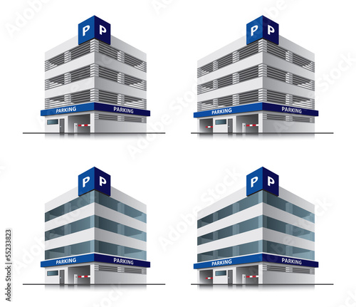 Four cartoon car parking vector buildings