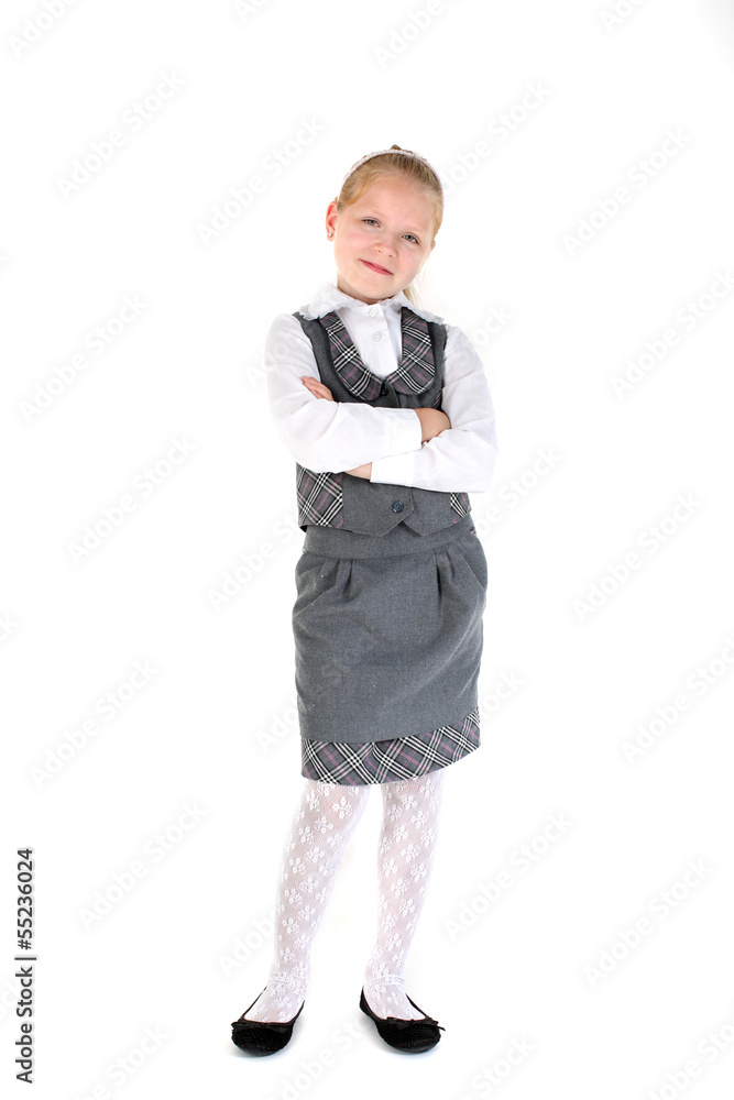 8 year old school girl smiling on white background 8 year old school girl smiling on white background