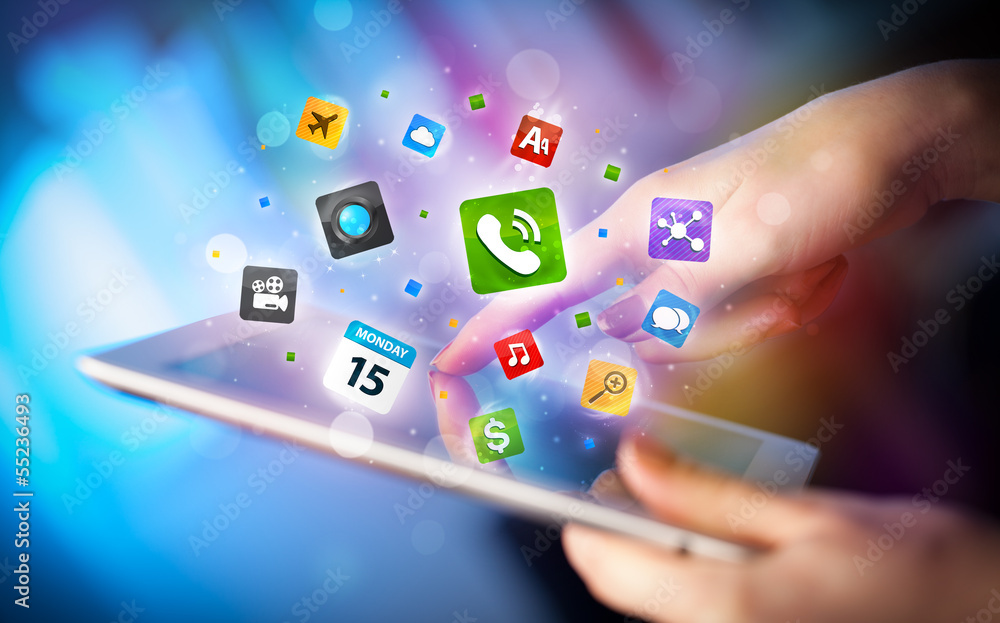Hand touching tablet pc, social network concept Hand touching tablet pc, social network concept