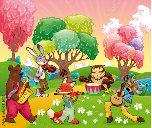Musician animals in a fantasy landscape.