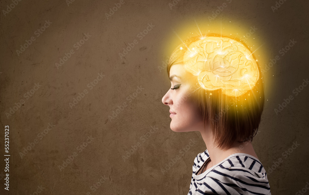 Young girl thinking with glowing brain illustration - obrazy, fototapety, plakaty 