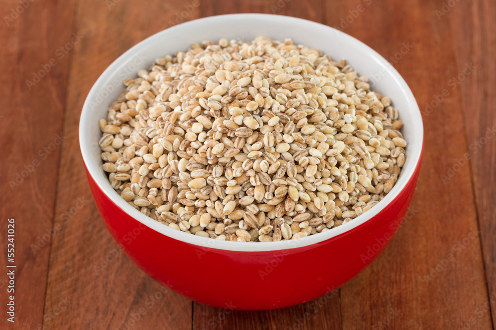 pearl barley in red bowl on dark background pearl barley in red bowl on dark background