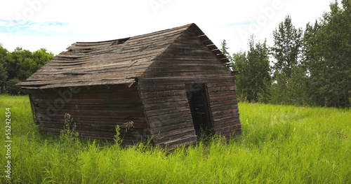 Old leaning farm shed in grassy field.