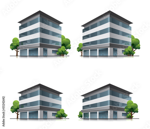 Set of four hotel or office vector building icons with trees