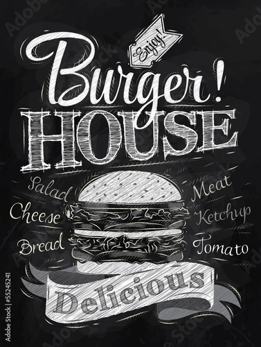 Poster lettering Burger House painted with a hamburger and inscr