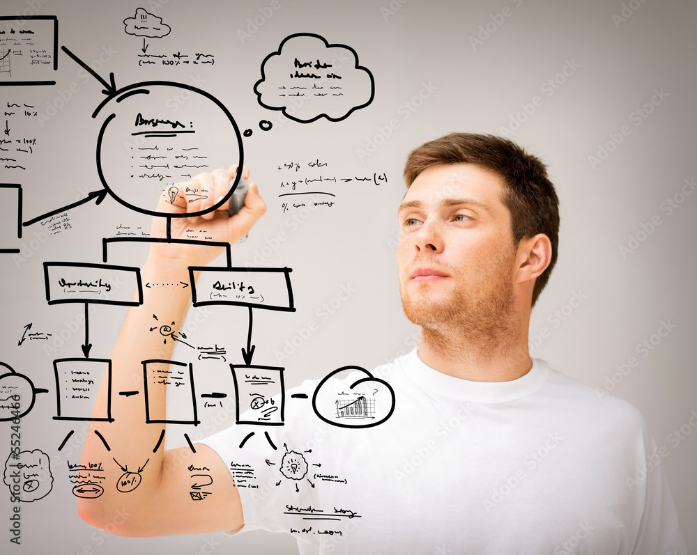 man drawing plan on the virtual screen man drawing plan on the virtual screen