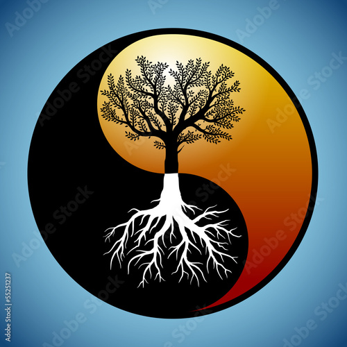 Photo Tree and it's roots in yin yang symbol