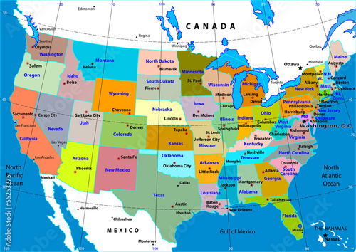 Colorful USA map with states and capital cities