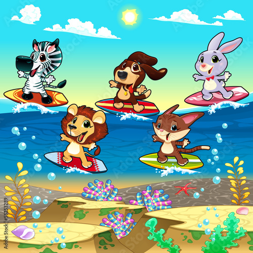 Fototapeta Naklejka Na Ścianę i Meble -  Funny animals surfing on the sea.