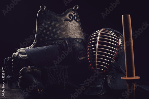 Kendo sports gear, studio shot: men, kote, do and bokuto