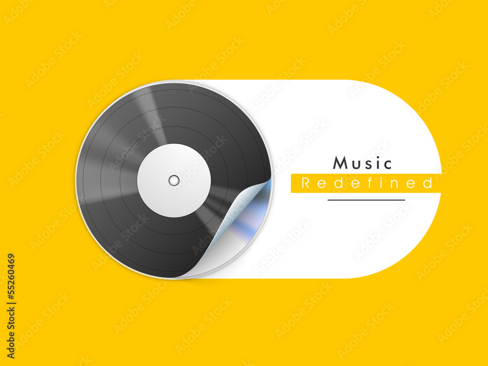 Musical background with vinyl disc on yellow background.
