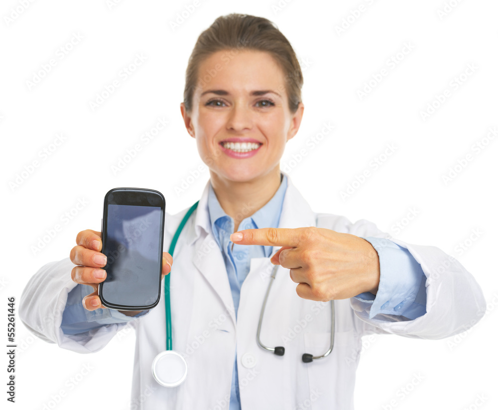 Closeup on doctor woman pointing on mobile phone Closeup on doctor woman pointing on mobile phone