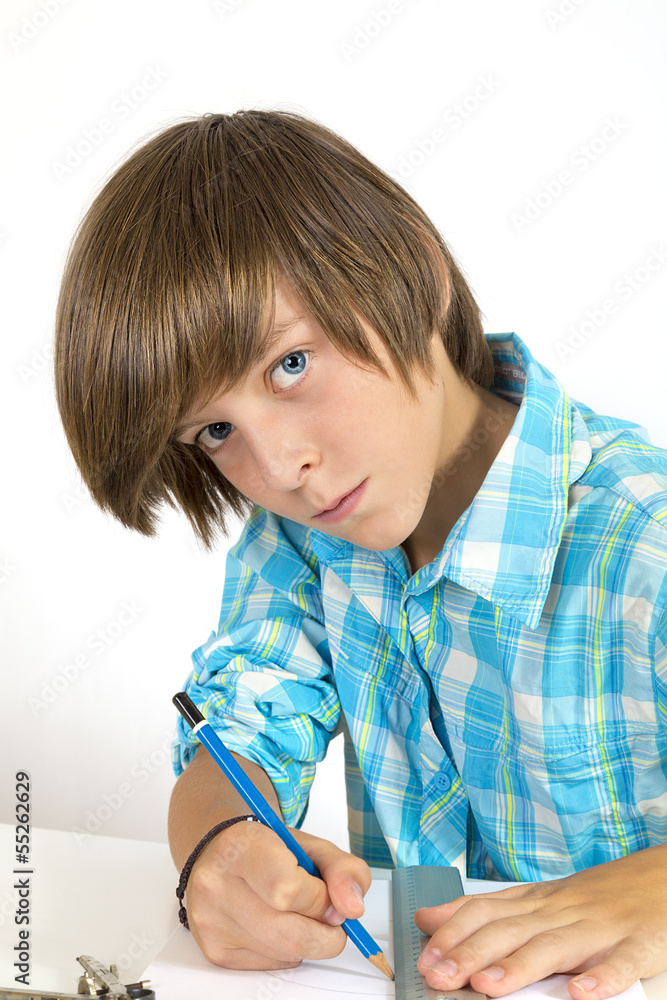 school boy with pencil and ruler, isolated on white school boy with pencil and ruler, isolated on white